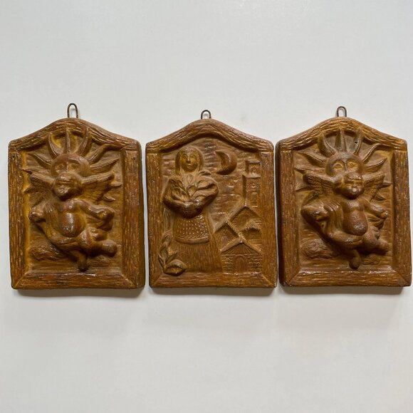 Mexican Folk Pottery Tile Set Wall Art Cherub Sun Angels Harvest Moon Home Decor - Picture 1 of 7